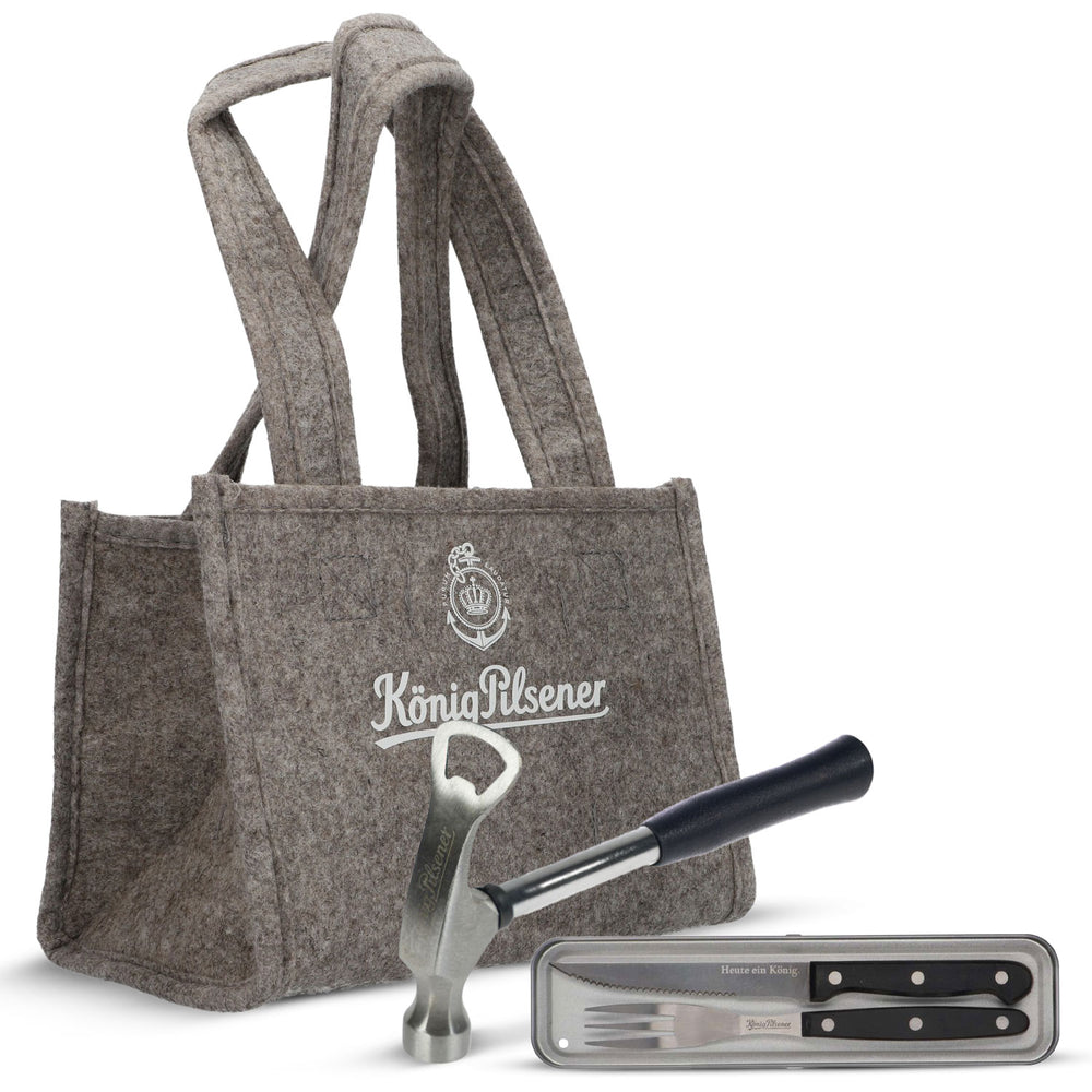 Set per fan König Pilsener II composto da 1 set di posate da barbecue, 1 borsa e 1 martello