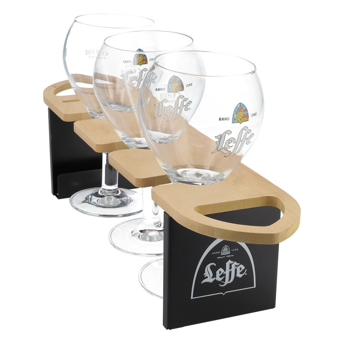 Set di portabicchieri Leffe con 3 bicchieri per bar e banconi in vero legno – Vista 2