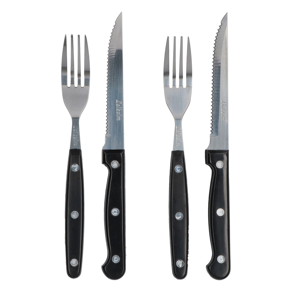 Set di posate per bistecche Leikeim, 4 pezzi: coltello e forchetta neri, posate da barbecue