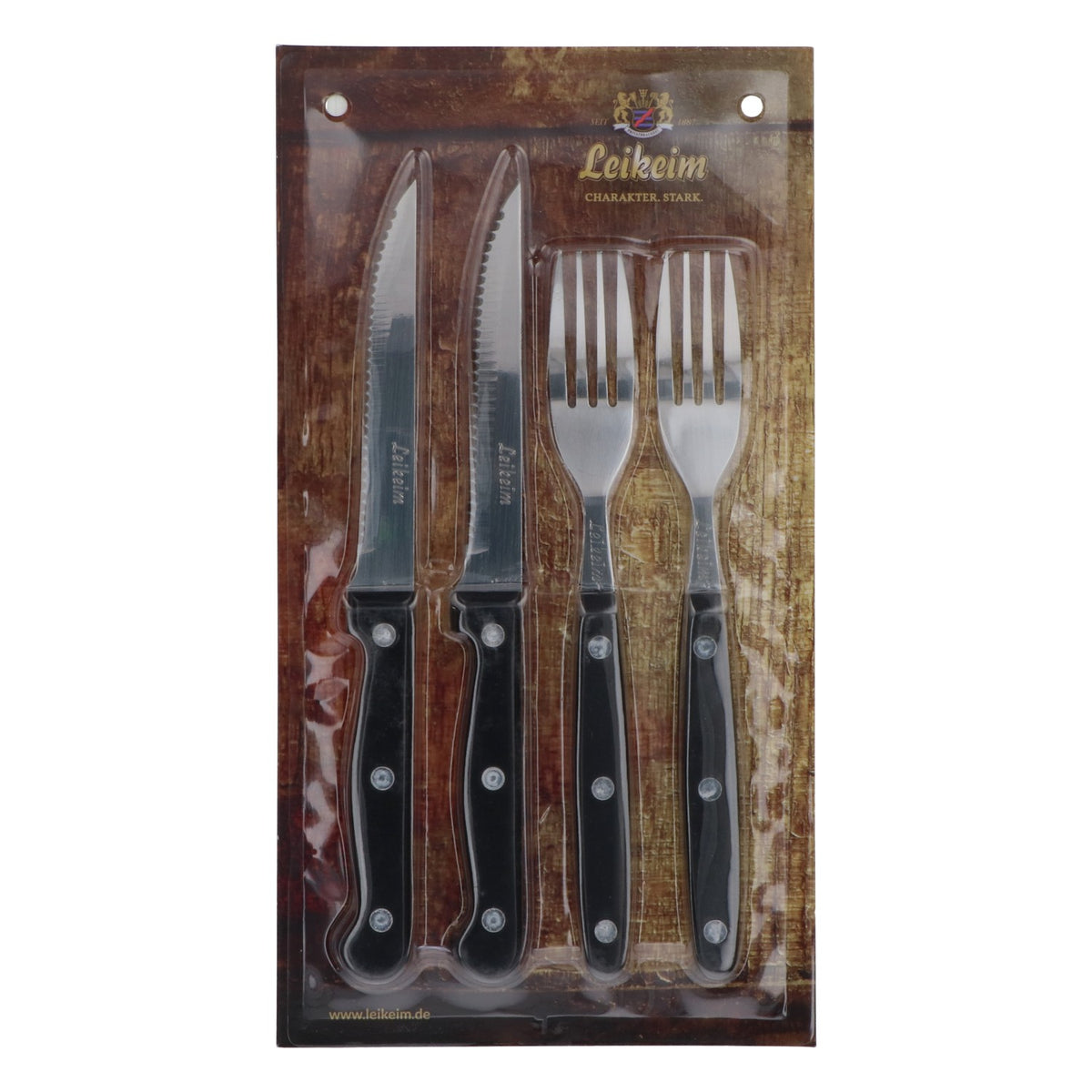 Set di posate per bistecche Leikeim, 4 pezzi: coltello e forchetta neri, posate da barbecue – Vista 5