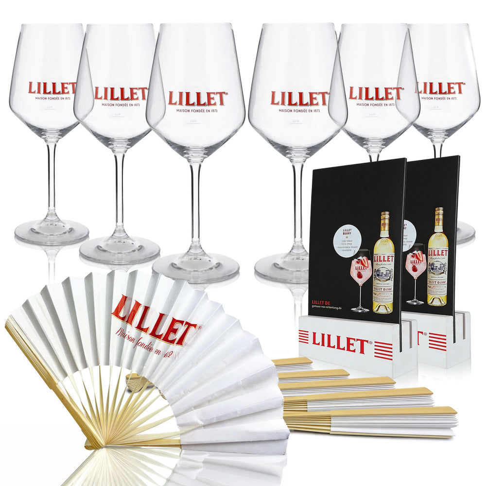 Lillet Bundle Fan II Set composto da 2 espositori da tavolo, 6 ventagli Lillet e 6 bicchieri Lillet