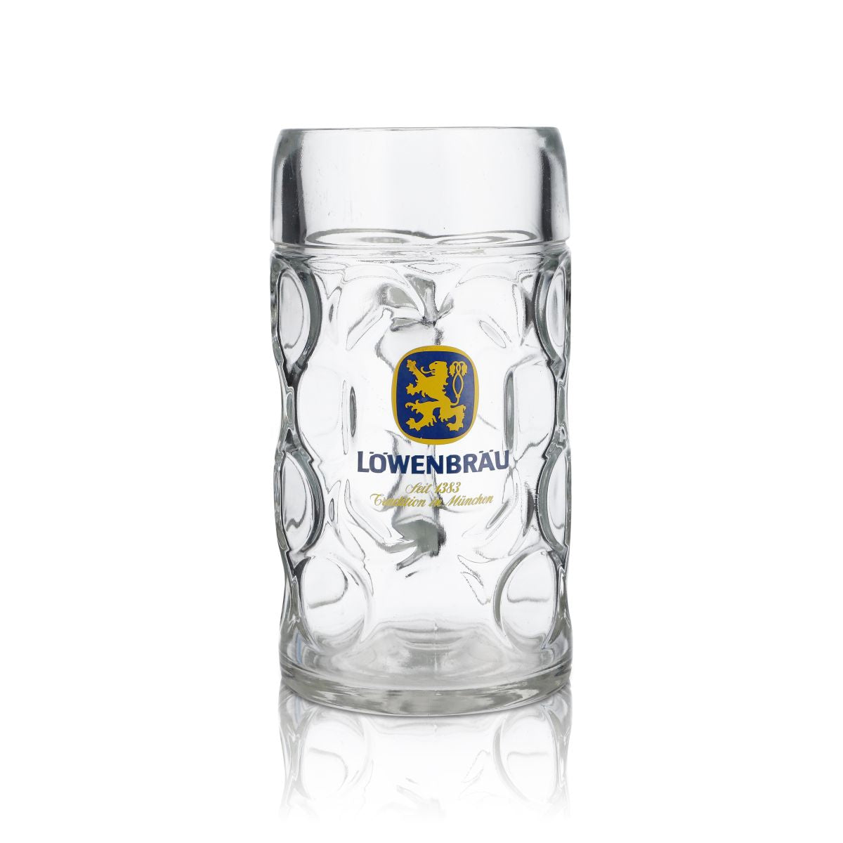 Boccale Löwenbräu in vetro da 1 litro, forma Humpen Seidel, birrificio bavarese, festa popolare