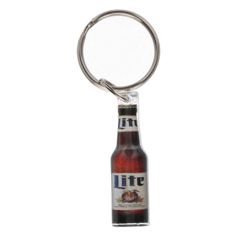Portachiavi a forma di bottiglia di birra Miller Lite in plastica trasparente