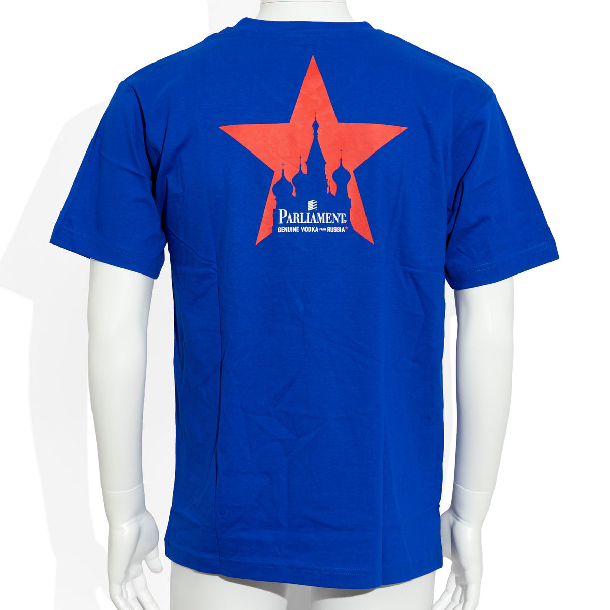 Maglietta in cotone blu con scollo a V e motivo “Parlament Vodka” (taglie S, M) – Vista 3