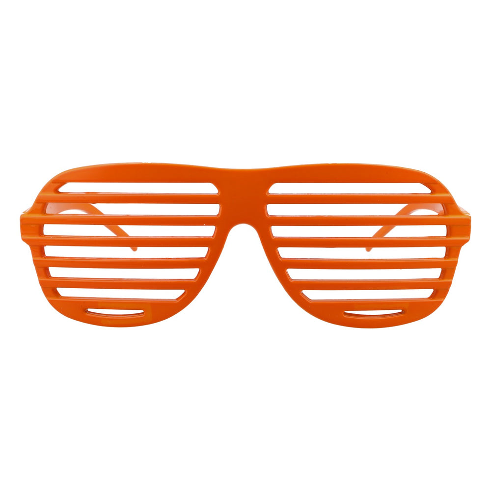 Occhiali da festa Atzen, occhiali arancioni Shutter Shades, look iconico, feste