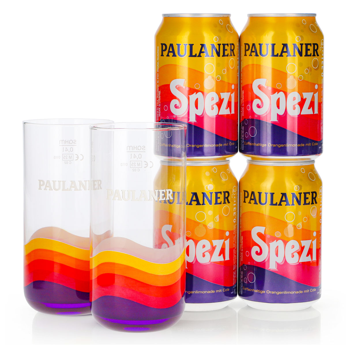 Set regalo Paulaner Spezi, confezione da 6 pezzi: 2 bicchieri da 0,4 l + 4 lattine da 0,33 l