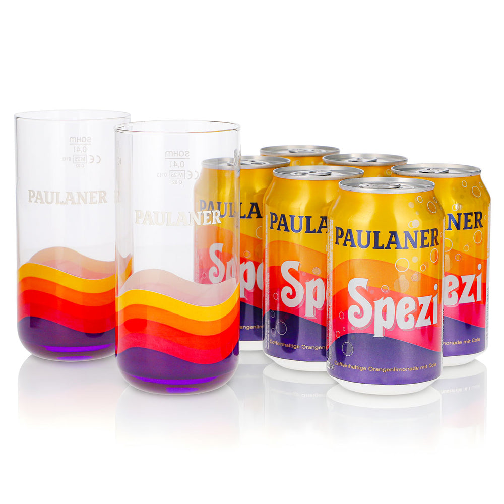 Set regalo Paulaner Spezi, confezione da 8 pezzi: 2 bicchieri da 0,4 l + 6 lattine da 0,33 l