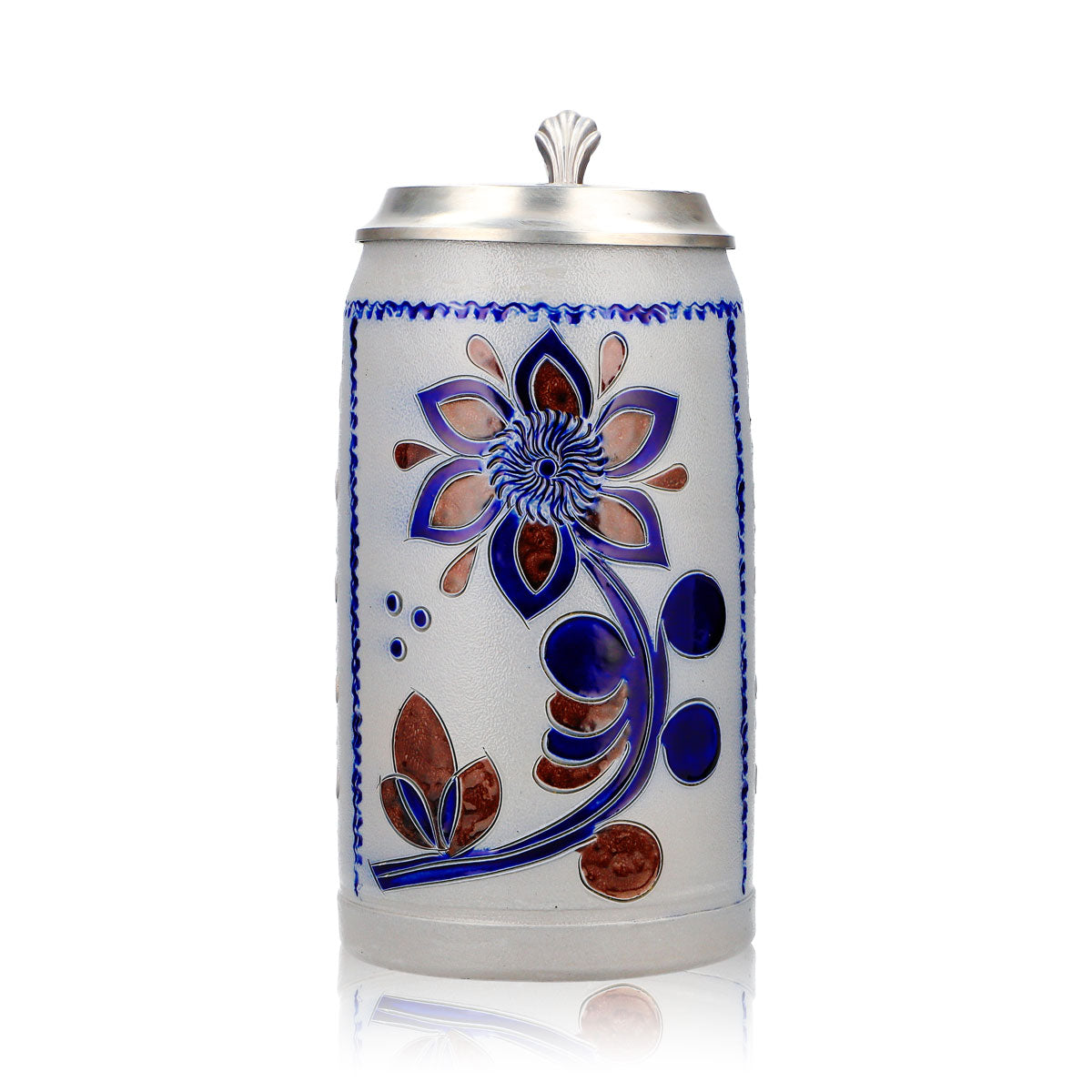 Bicchiere da birra Rastal, boccale in terracotta da 1,16 l con coperchio in stagno, blu/marrone con motivi floreali in terracotta