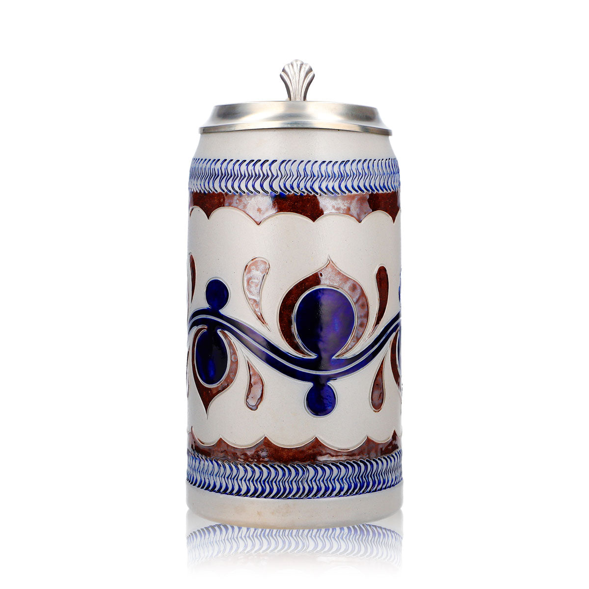 Bicchiere da birra Rastal, boccale in terracotta da 1,18 l con coperchio in stagno, motivo blu orizzontale, terracotta