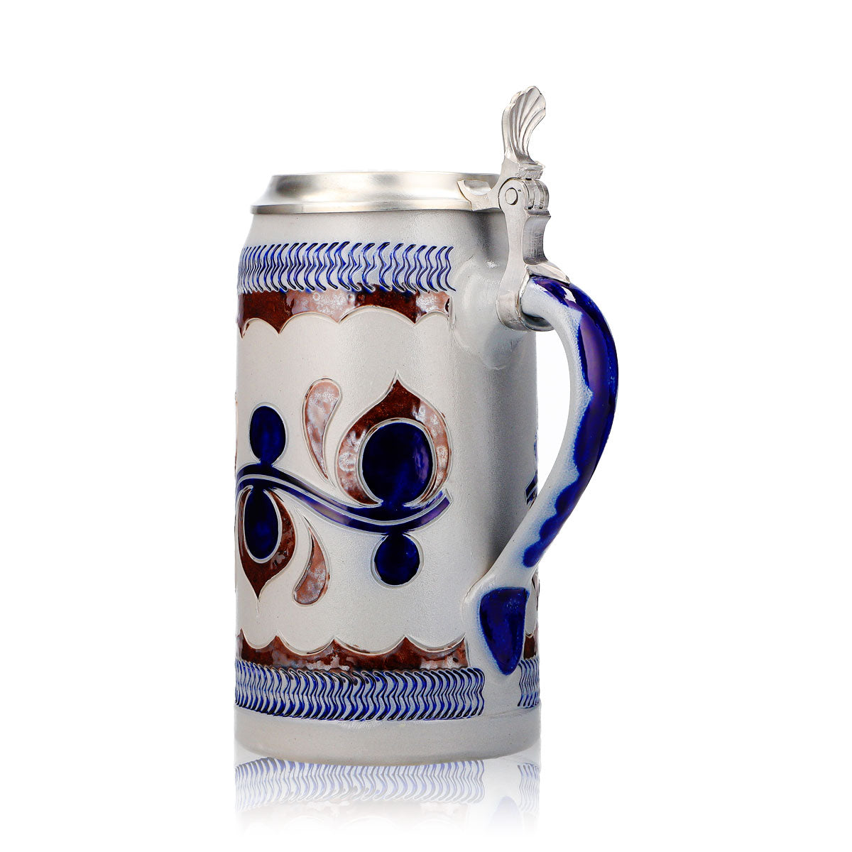 Bicchiere da birra Rastal, boccale in terracotta da 1,18 l con coperchio in stagno, motivo blu orizzontale, terracotta – Vista 4