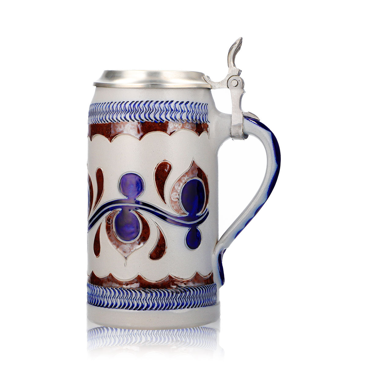 Bicchiere da birra Rastal, boccale in terracotta da 1,18 l con coperchio in stagno, motivo blu orizzontale, terracotta – Vista 5