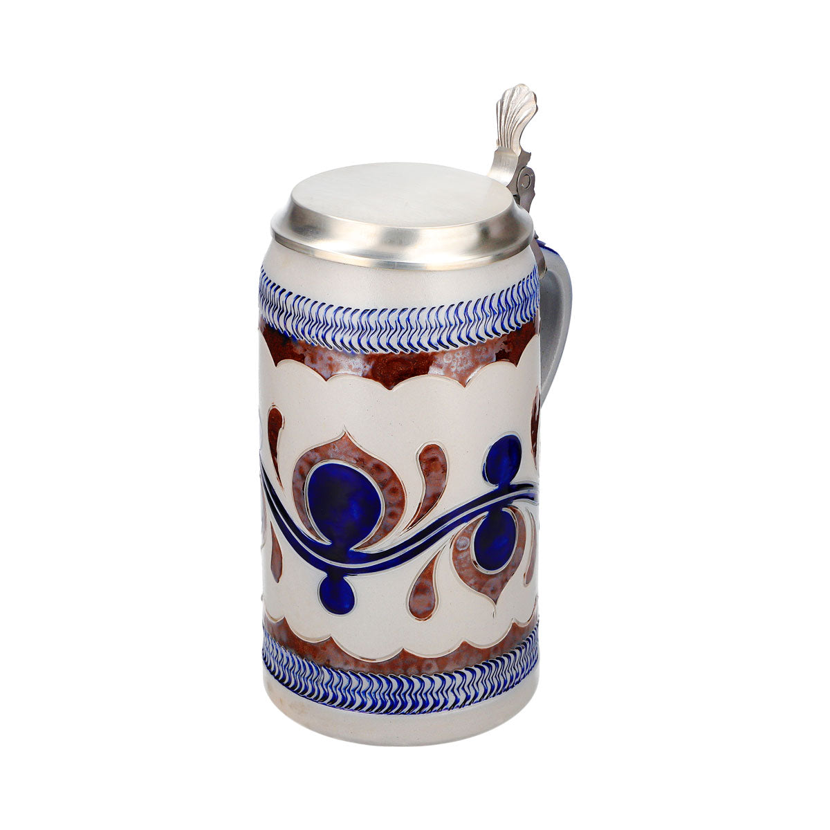Bicchiere da birra Rastal, boccale in terracotta da 1,18 l con coperchio in stagno, motivo blu orizzontale, terracotta – Vista 6