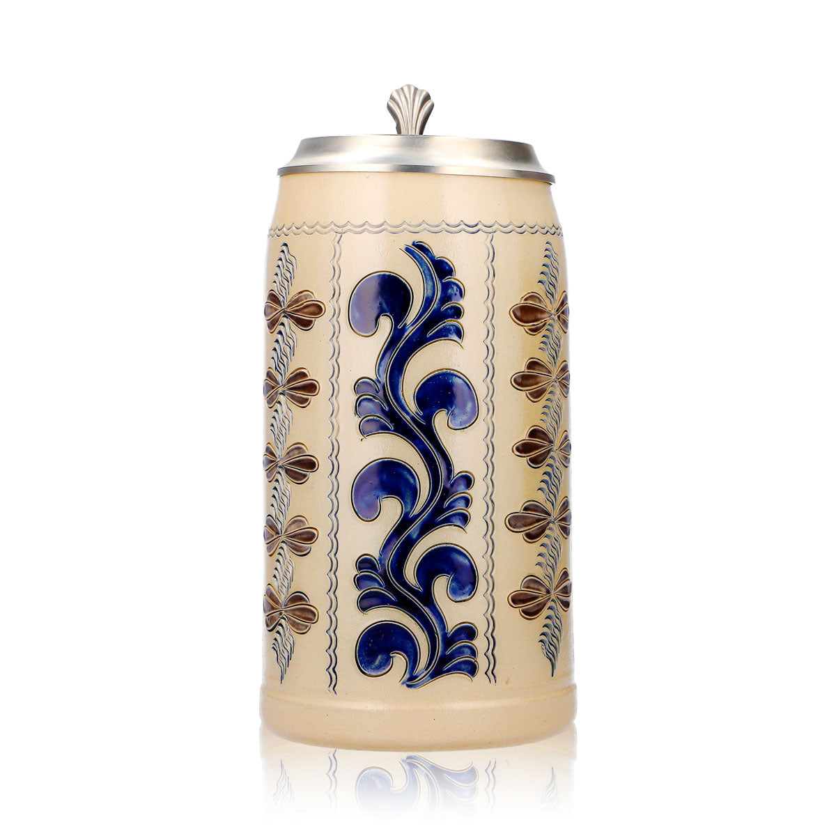Bicchiere da birra Rastal, boccale in terracotta da 1,25 l con coperchio in stagno, blu/grigio, con motivo verticale in terracotta