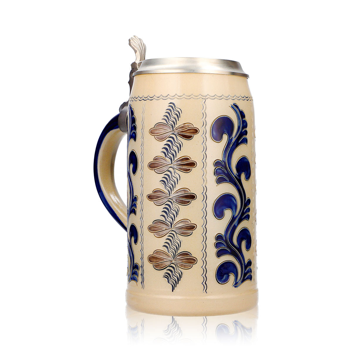 Bicchiere da birra Rastal, boccale in terracotta da 1,25 l con coperchio in stagno, blu/grigio, con motivo verticale in terracotta – Vista 2