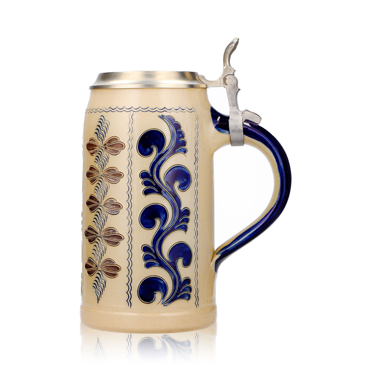 Bicchiere da birra Rastal, boccale in terracotta da 1,25 l con coperchio in stagno, blu/grigio, con motivo verticale in terracotta – Vista 5