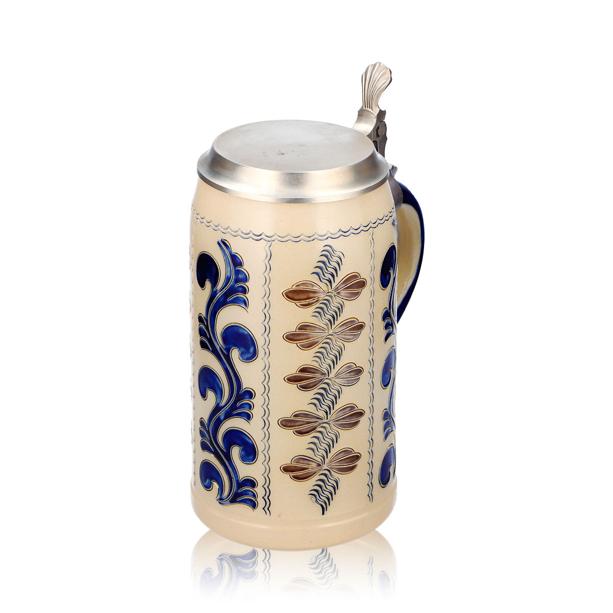 Bicchiere da birra Rastal, boccale in terracotta da 1,25 l con coperchio in stagno, blu/grigio, con motivo verticale in terracotta – Vista 6