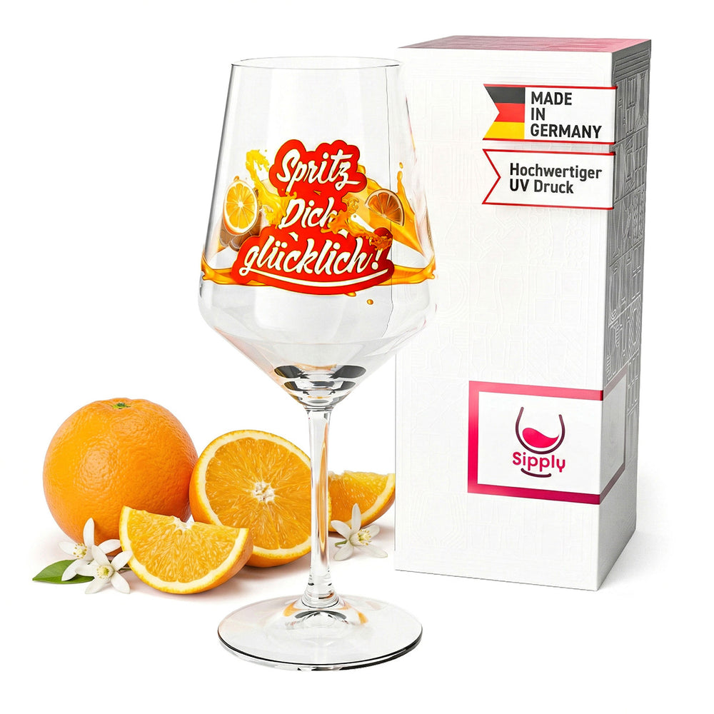 Bicchiere da aperitivo Sipply Summer Vibes con la scritta "Spritz Dich glücklich!" (Spruzzati di felicità!). Bevande cocktail 0,5 l con effetto trasparenza.