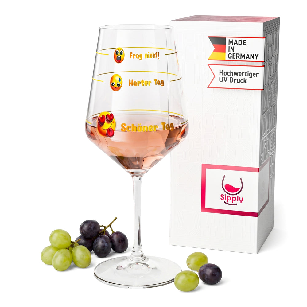 Bicchiere da vino Sipply con la scritta «Non chiedere: giornata dura, giornata bella» e emoji, 0,5 l