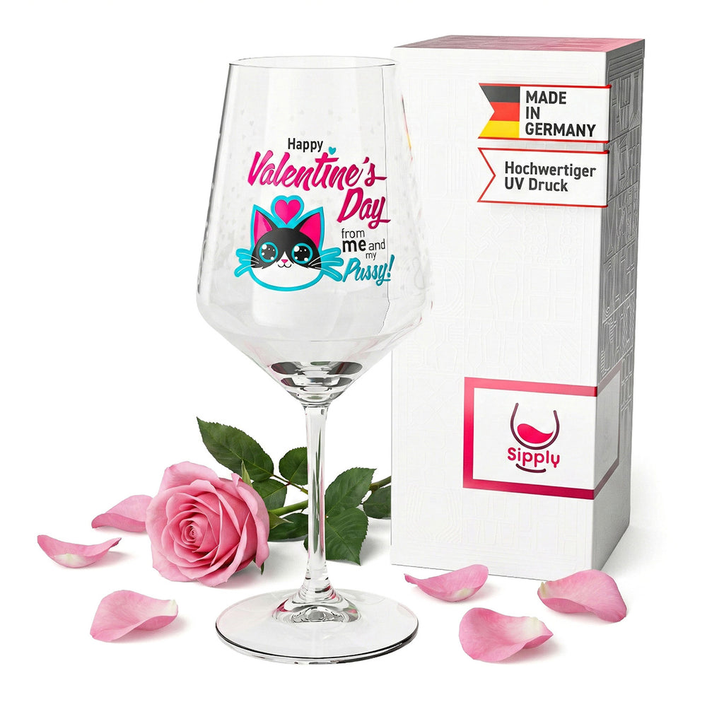 Bicchiere da vino Sipply per San Valentino con gatto + scritta "Happy Valentines Day" Regalo 0,5 l