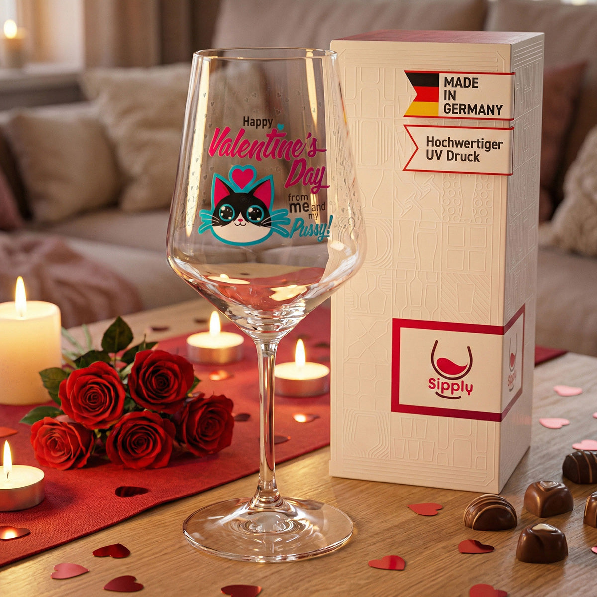 Bicchiere da vino Sipply per San Valentino con gatto + scritta "Happy Valentines Day" Regalo 0,5 l – Vista 4