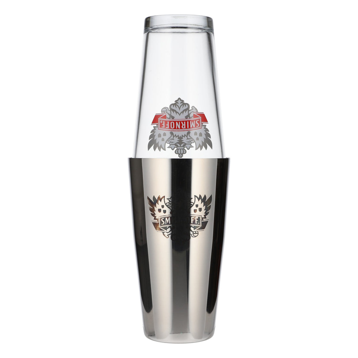 Vodka Smirnoff, shaker Boston in acciaio inossidabile, bicchiere, accessori da cocktail