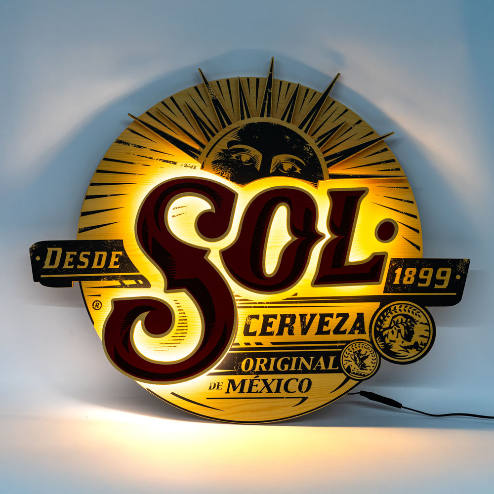 Sol Bier Insegna luminosa in vero legno LED "Cerveza 1899"