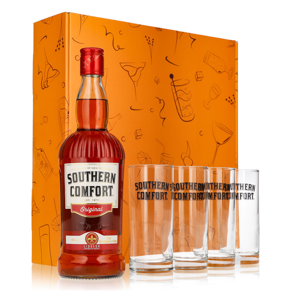 Southern Comfort Geschenkset 0,7l Flasche 35,0 % Vol. + 4 Longdrinkgläser Weiß–Orange