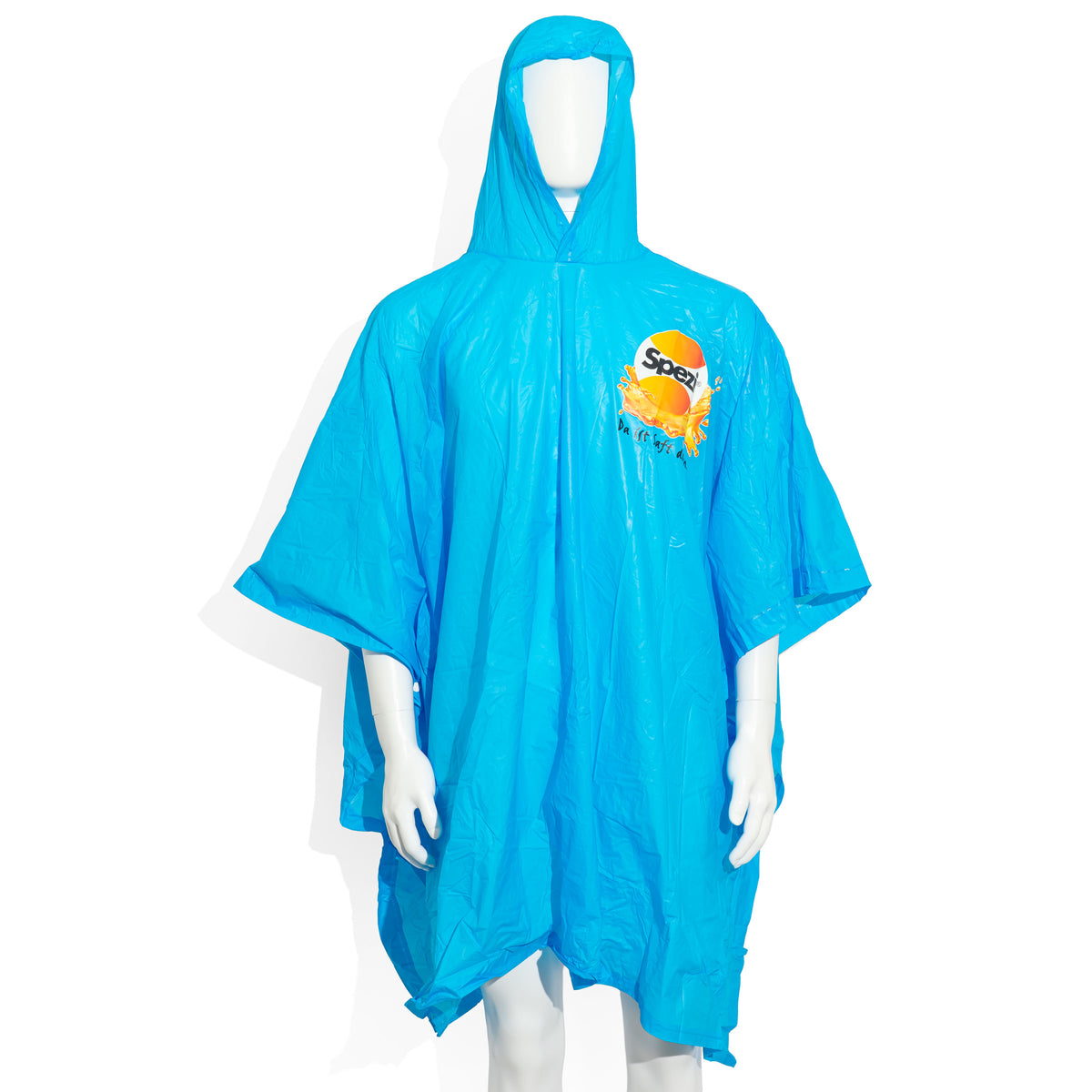 Bicchiere da bibita Spezi blu con logo Spezi; poncho antipioggia in poliestere