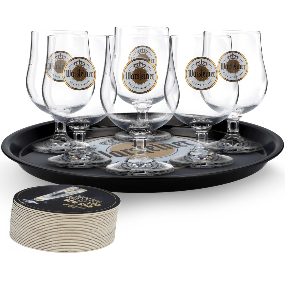 Set da bar Warsteiner Bier II composto da 6 bicchieri Schwenkegläser, 100 sottobicchieri e 1 vassoio