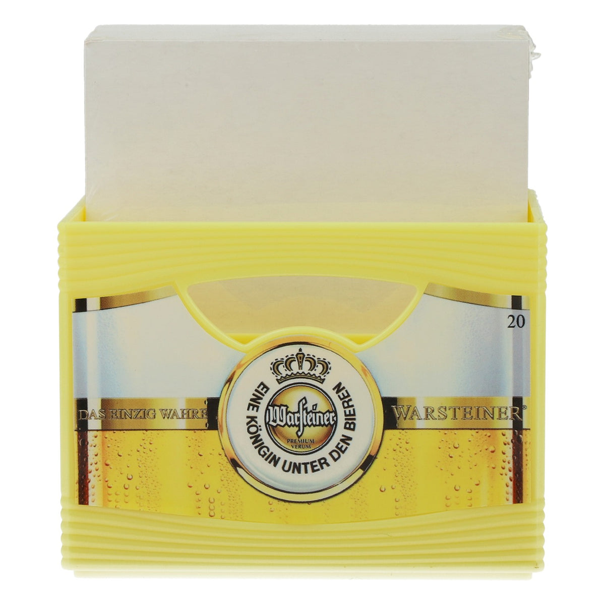 Espositore da tavolo Warsteiner con blocco note e portapenne, cassetta di birra gialla – Vista 2