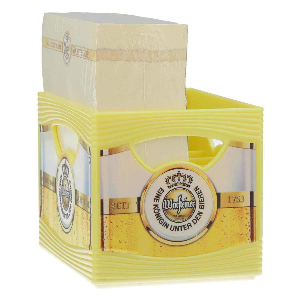 Espositore da tavolo Warsteiner con blocco note e portapenne, cassetta di birra gialla – Vista 3