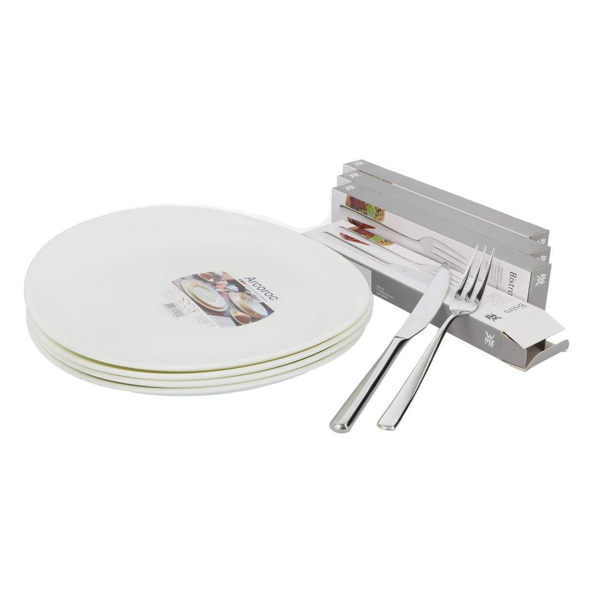 WMF Set da barbecue per 4 persone, 4 posate da bistecca, 4 piatti Arcoroc