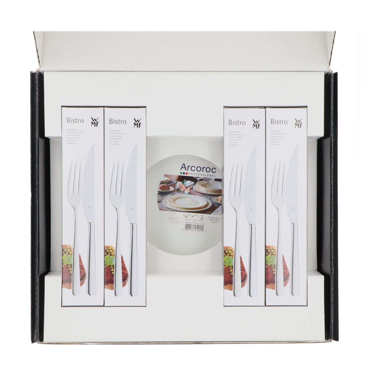 WMF Set da barbecue per 4 persone, 4 posate da bistecca, 4 piatti Arcoroc – Vista 3