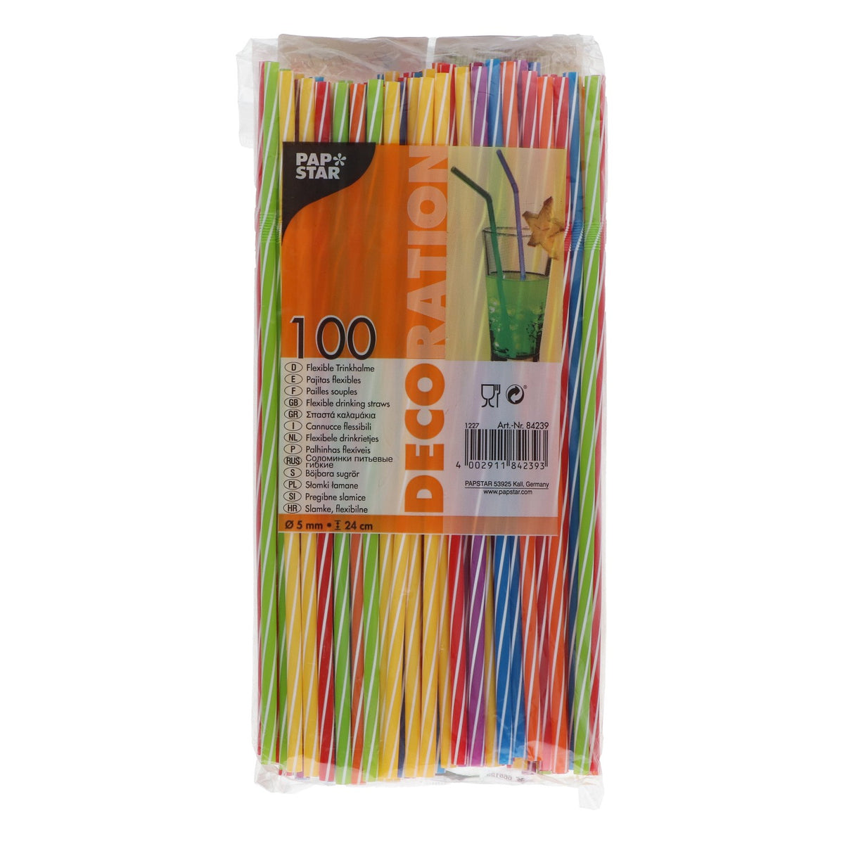 100 cannucce Papstar, 0,5 x 24 cm, pieghevoli, in plastica, colorate