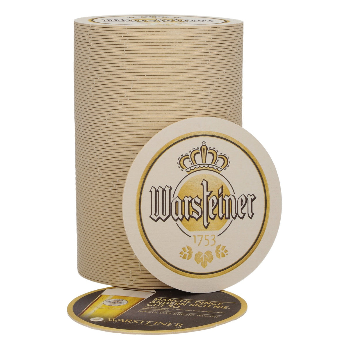100 sottobicchieri Warsteiner, Ø 10,5 cm, con la scritta: «Alcune cose non cambiano mai. E va bene così.»