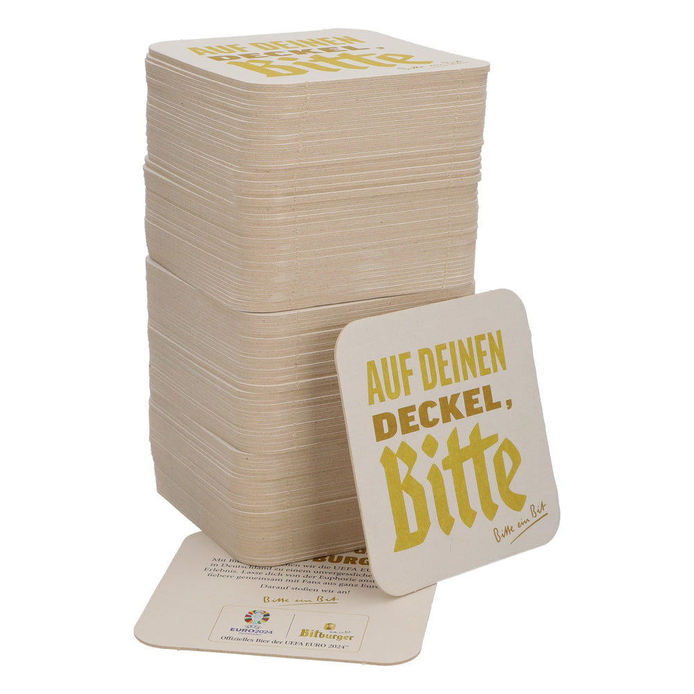 125 sottobicchieri Bitburger Bier 9x9 cm "Auf deinen Deckel Bitte" (Sul tuo sottobicchiere, per favore) Retro "Euro 2024"