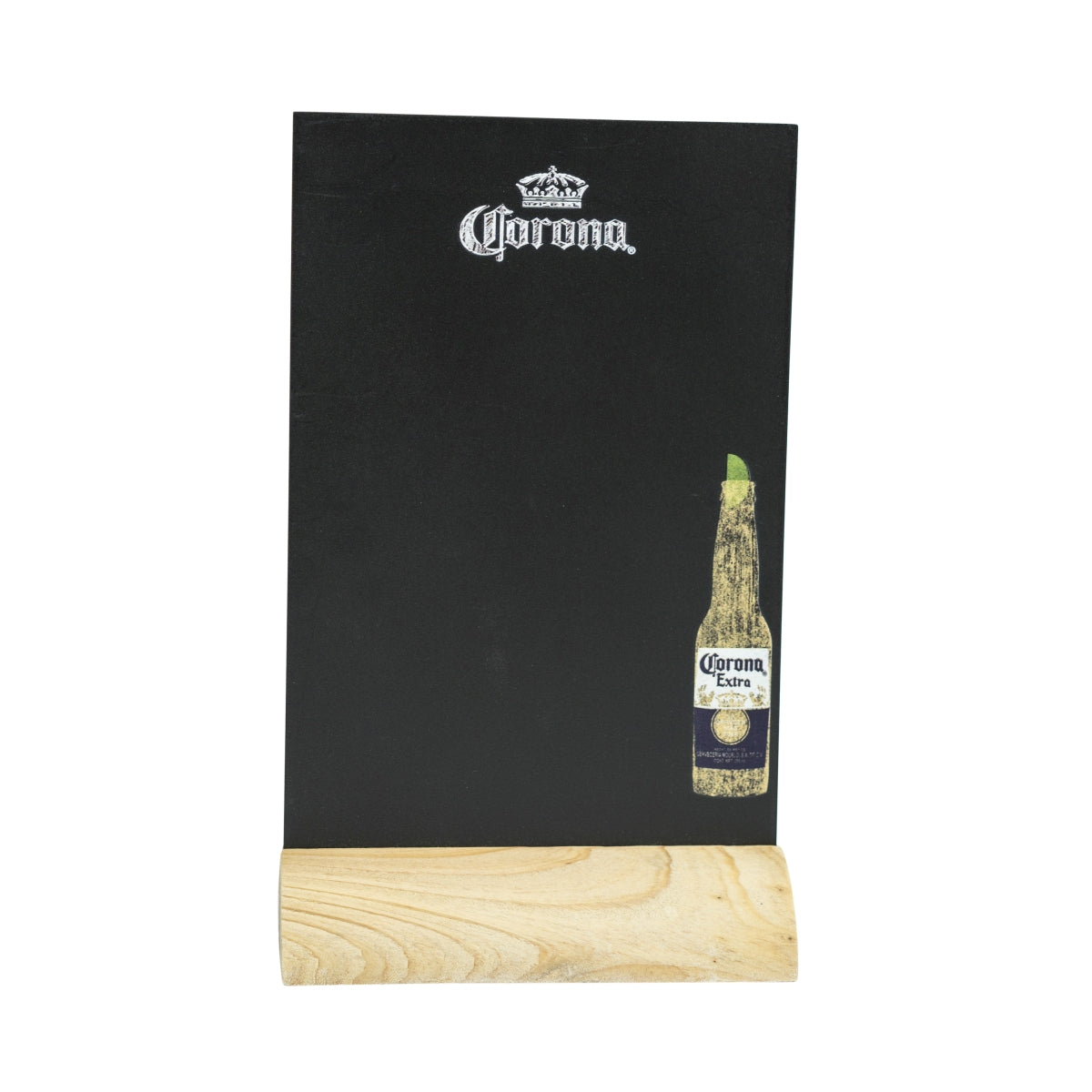 1x Espositore da tavolo per birra Corona Lavagna piccola con base in legno e ganci in metallo