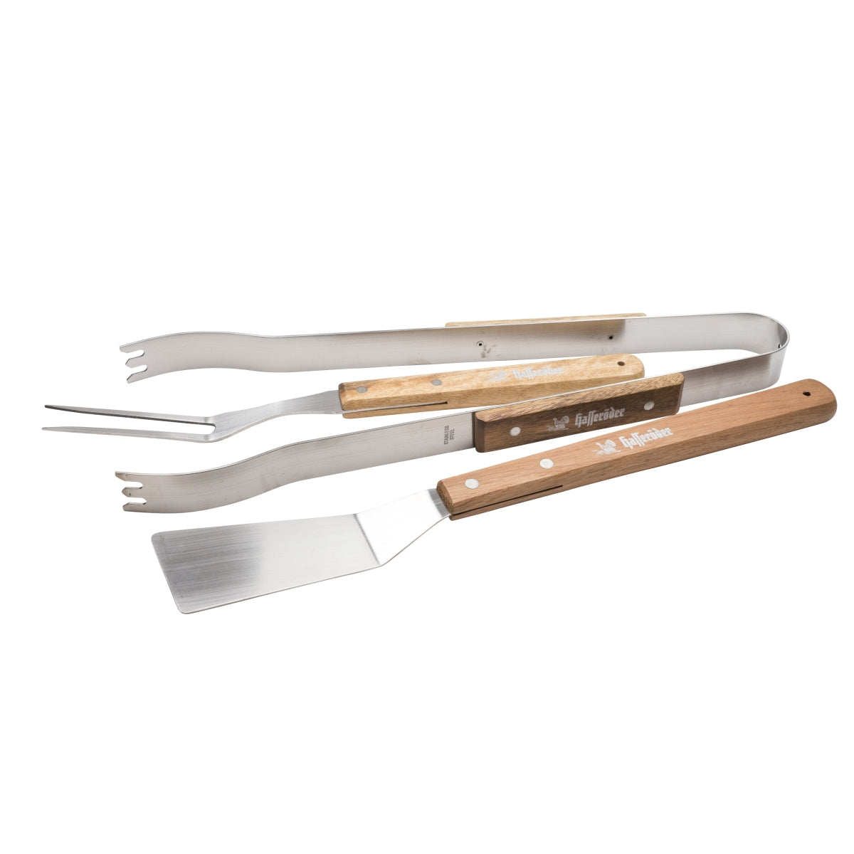 1x set di posate per barbecue Hasseröder Birra Utensili per barbecue/posate Manico in legno Forchetta Pinza Paletta