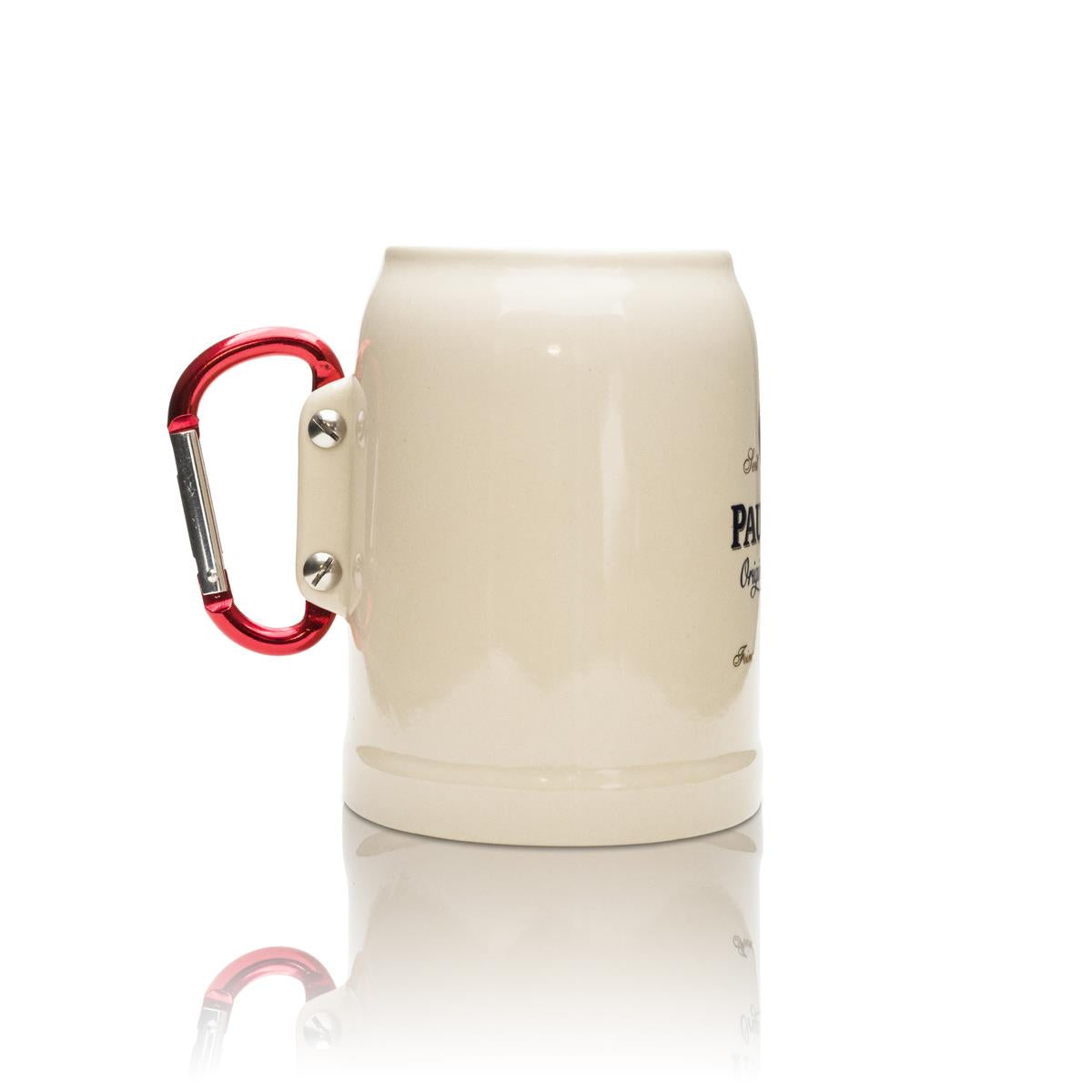 1 boccale da birra Paulaner in ceramica da 0,5 l con moschettone colorato