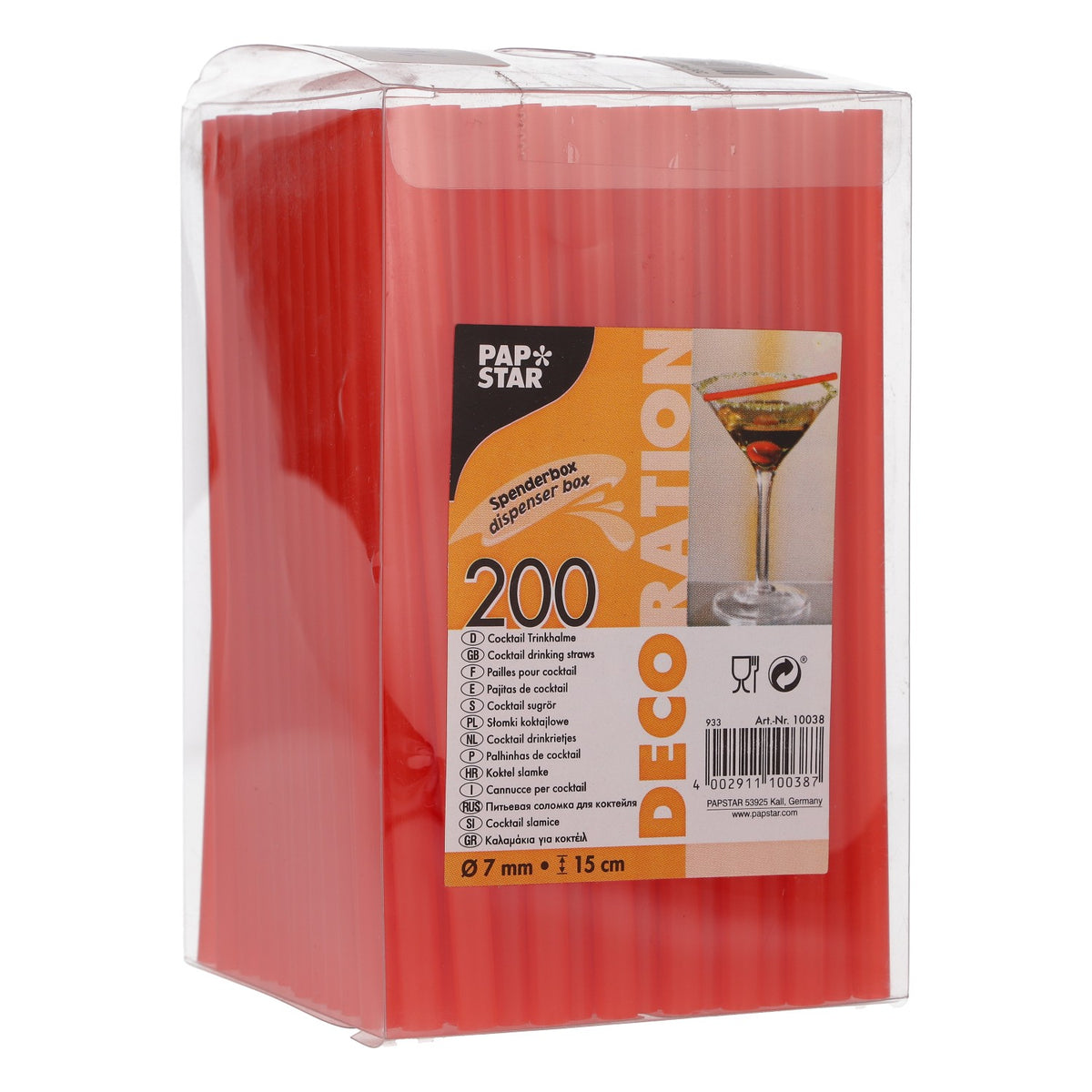 200 cannucce da cocktail Papstar rosse in plastica, 0,7 x 15 cm, confezione con dispenser