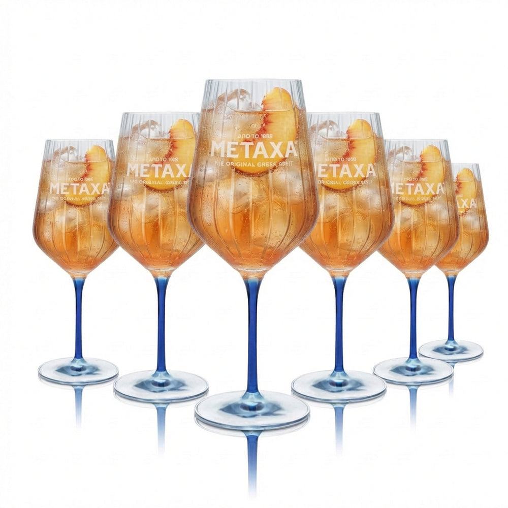 Set di 6 bicchieri da brandy Metaxa 0,57 l – Bicchiere da vino in rilievo con fondo e stelo blu