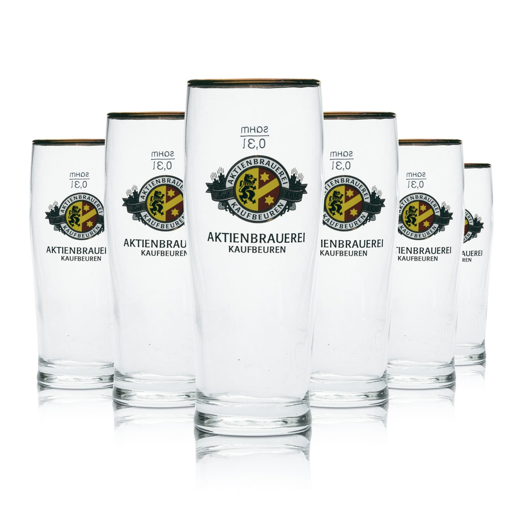6 bicchieri da birra 0,3 l con bordo dorato della birreria Aktienbrauerei Kaufbeuren, vetro, per la ristorazione e il bar