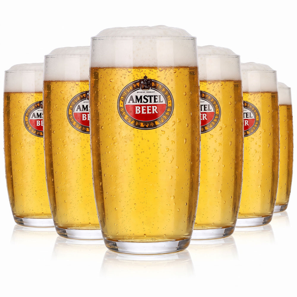 6 bicchieri da birra Amstel da 0,33 l, modello dritto con bordo dorato (set da 6)