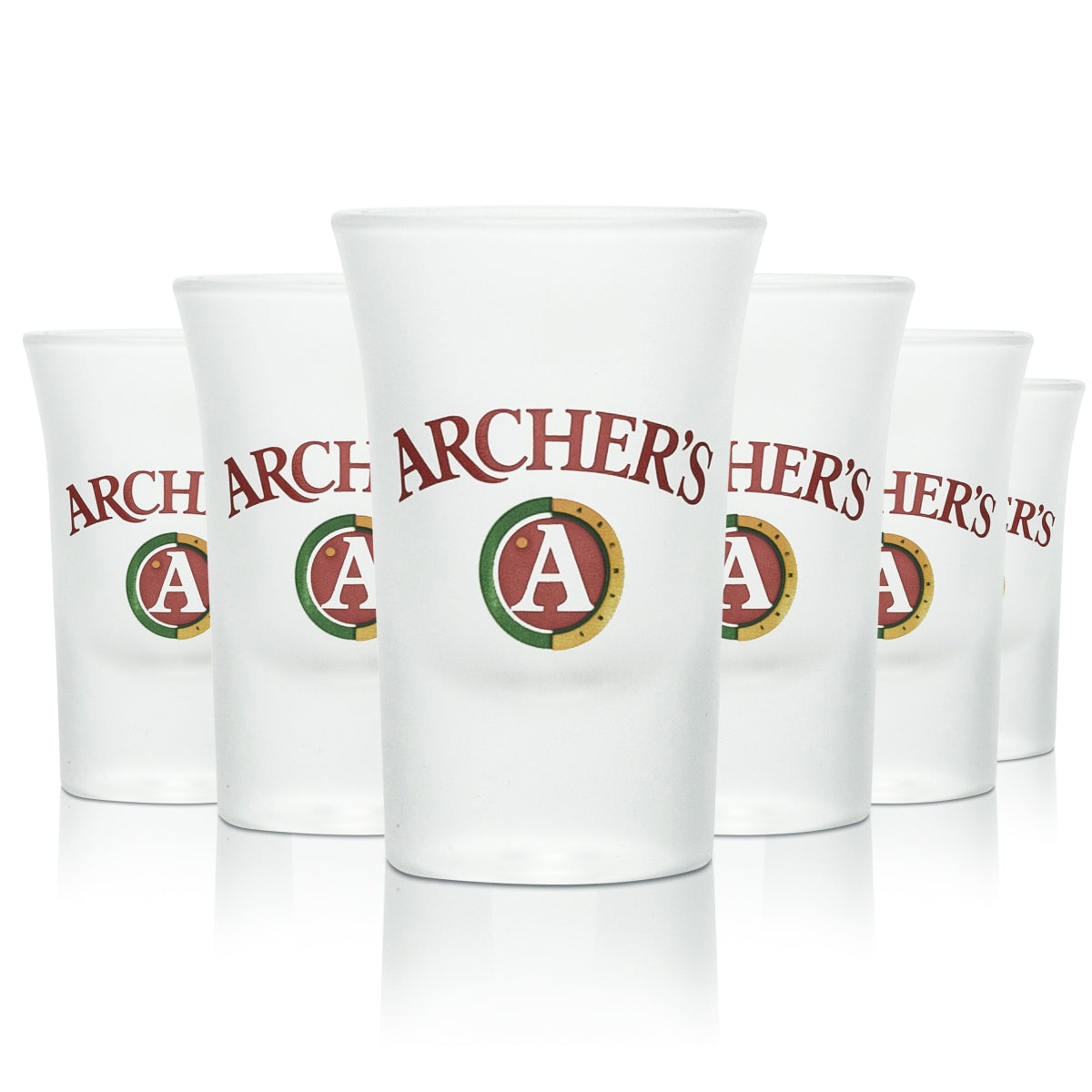 6 bicchierini da shot Archers in vetro opalino da 2 cl con liquore alla pesca