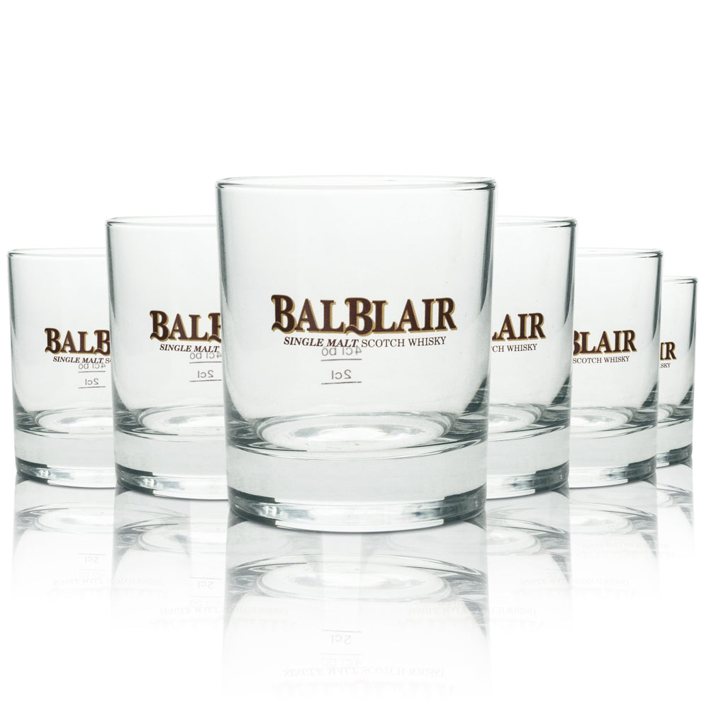 6 bicchieri tumbler per whisky Balblair con logo rosso
