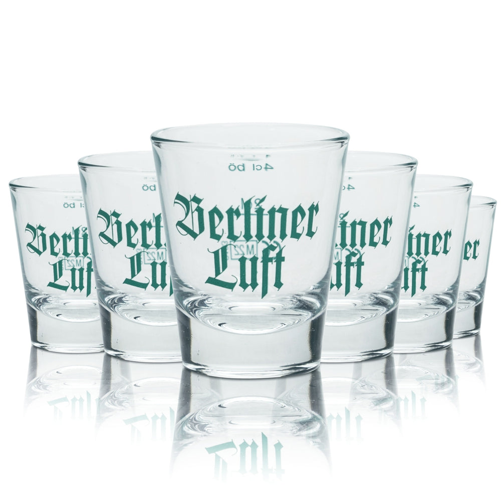 6 bicchieri da liquore Berliner Luft in vetro da 4 cl con stampino, bicchierini da shot Pfeffi Gastro in rovere