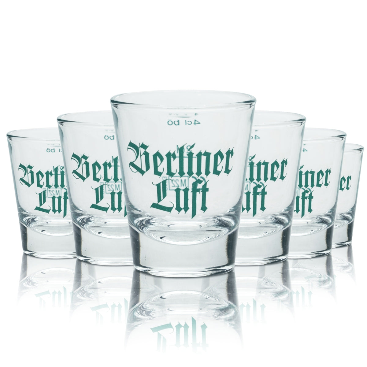 6 bicchieri da liquore Berliner Luft in vetro da 4 cl con stampino, bicchierini da shot Pfeffi Gastro in rovere