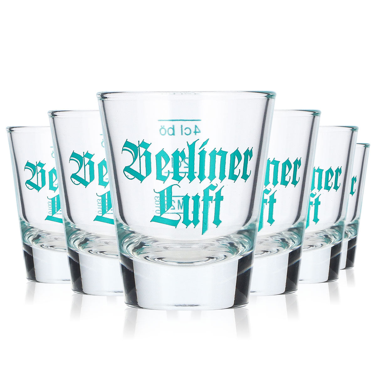 6 bicchieri da tequila Berliner Luft da 2 cl + bicchierini da shot da 4 cl con logo turchese