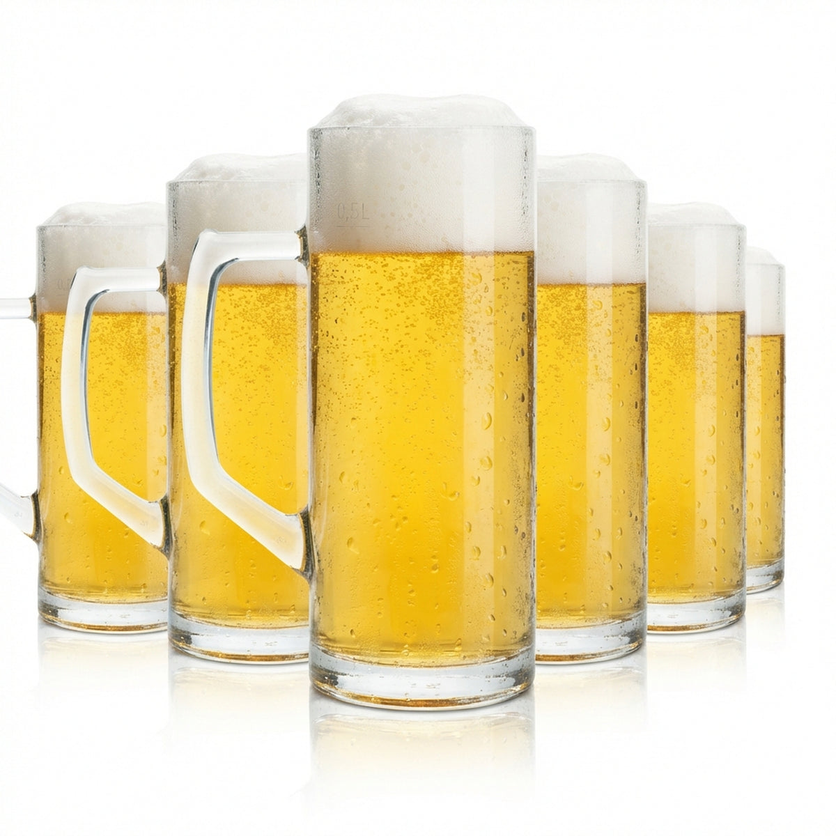 6 boccali da birra in vetro da 0,5 l "Reno" Borgonovo, bicchieri di marca con manico e toro