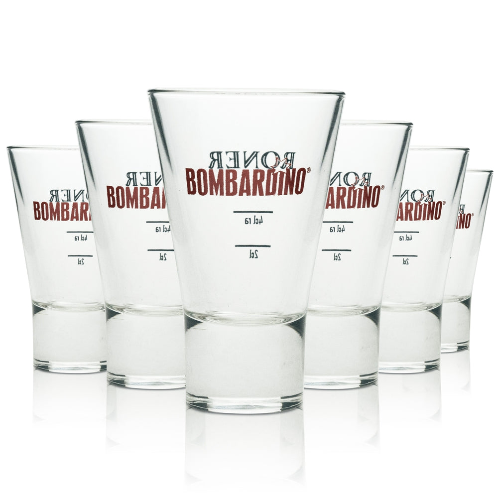 6 bicchieri tumbler per liquore Bombardino, forma conica, scritta rossa, 4 cl